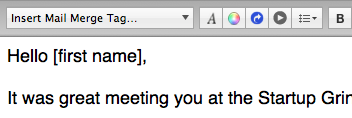 The "[first name]" mail-merge tag being used in a greeting