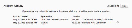 The Account Activity section in the Direct Mail Account control panel