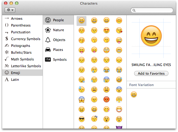 The Emoji character panel in OS X 10.7 and 10.8.