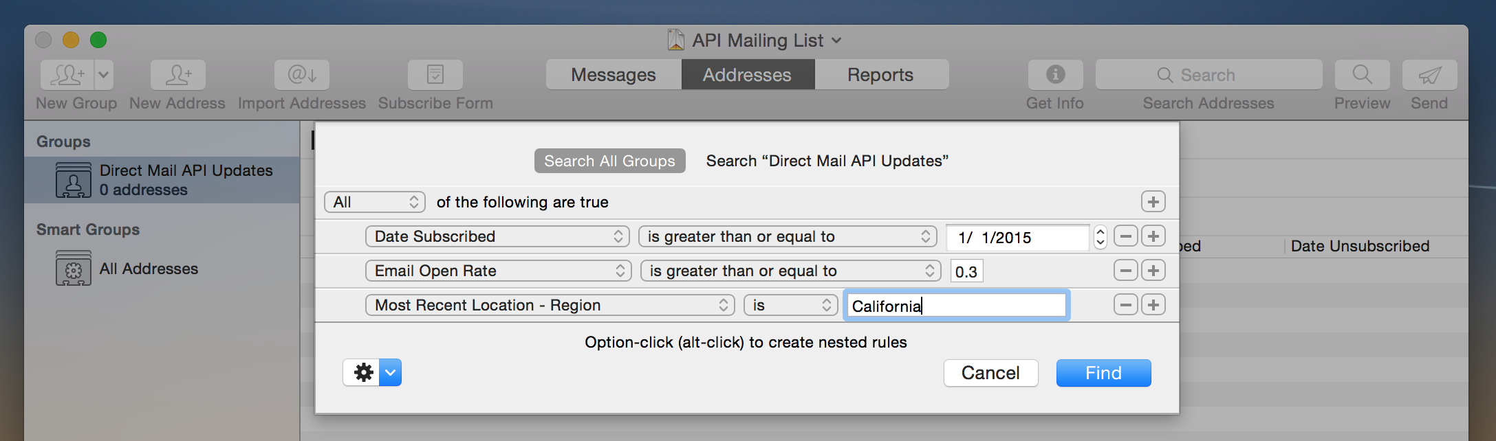 Screenshot of Find Addresses Matching Rules