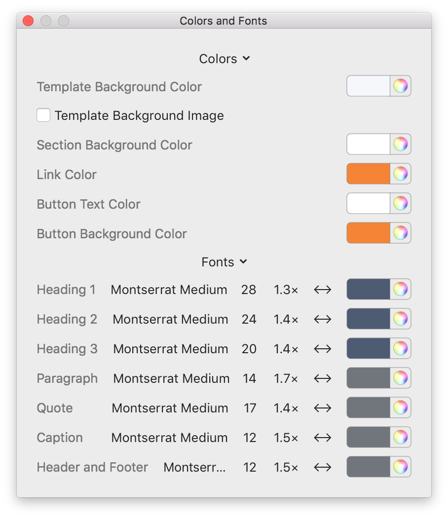 Screenshot of the "Colors & Fonts" panel in Direct Mail